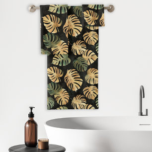 Tropical Monstera Leaves Pattern Black Green Tan Bath Towel Set