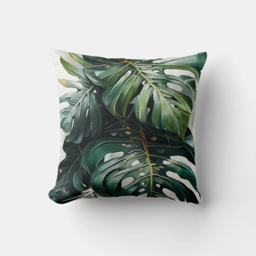 Tropical Monstera Leaves Pattern Throw Pillow 