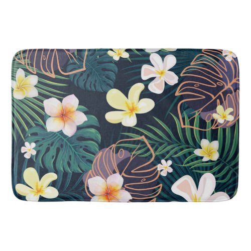 Tropical monstera leaves plumeria flowers bath mat