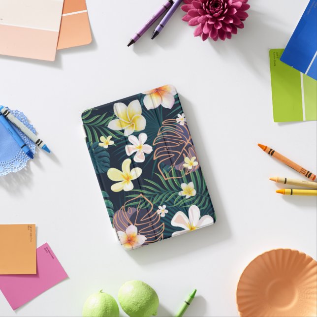 Tropical monstera leaves plumeria flowers iPad mini cover (In Situ)