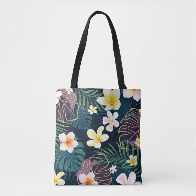 Tropical monstera leaves plumeria flowers tote bag (Front)