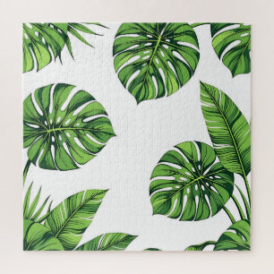 Tropical Monstera Leaves Seamless Pattern Green Jigsaw Puzzle