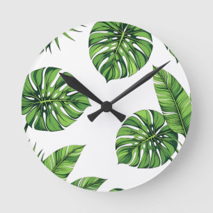 Tropical Monstera Leaves Seamless Pattern Green Round Clock