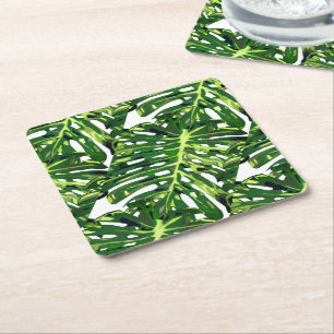 Tropical Monstera Leaves Square Paper Coaster