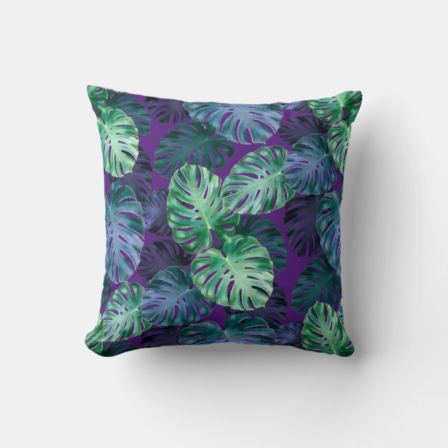 Tropical Monstera Leaves Throw Pillow (Front)