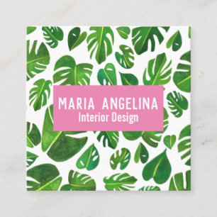Tropical Monstera Leaves Watercolor Design Square Business Card