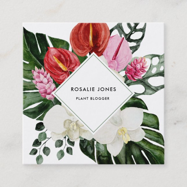 Tropical Monstera Leaves Watercolor Flowers  Square Business Card (Front)