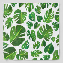 Tropical Monstera Leaves Watercolor Green White Bandana