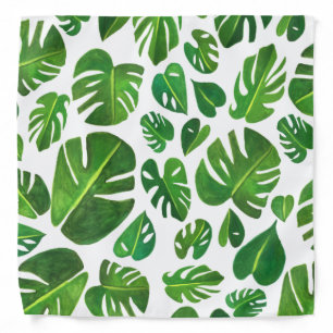 Tropical Monstera Leaves Watercolor Green White Bandana