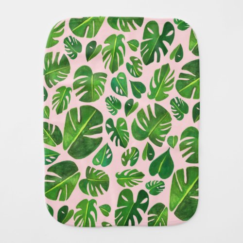 Tropical Monstera Leaves Watercolor Pattern Pink Baby Burp Cloth