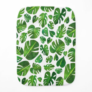 Tropical Monstera Leaves Watercolor Pattern White Baby Burp Cloth