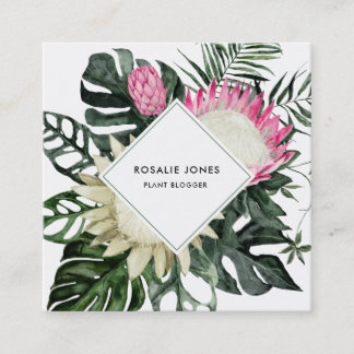 Tropical Monstera Leaves Watercolor Protea Flower Square Business Card