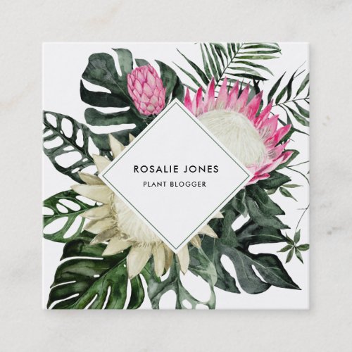 Tropical Monstera Leaves Watercolor Protea Flower Square Business Card