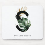 Tropical Monstera Letter S Monogram Personalized Mouse Pad<br><div class="desc">Customizable letter S monogram mousepad featuring watercolor tropical monstera leaf,  faux gold foil leaf and black watercolor brush accents. Personalize this tropical monogram mousepad by your name or other details. This boho letter S monogram mousepad will be perfect as a gift. Other letters are available.</div>