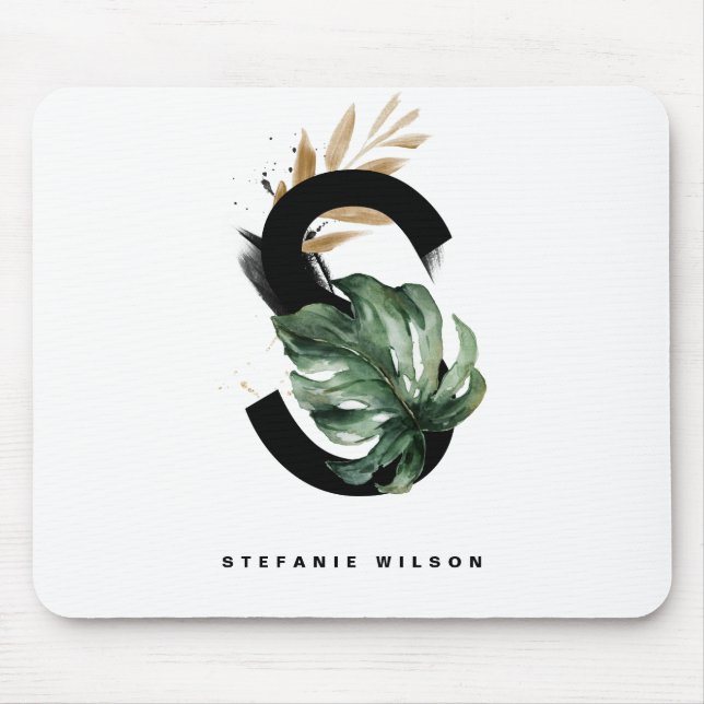 Tropical Monstera Letter S Monogram Personalized Mouse Pad (Front)