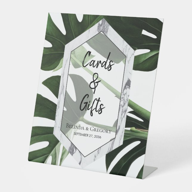 Tropical Monstera Marble Wedding Cards & Gifts Pedestal Sign (Front)