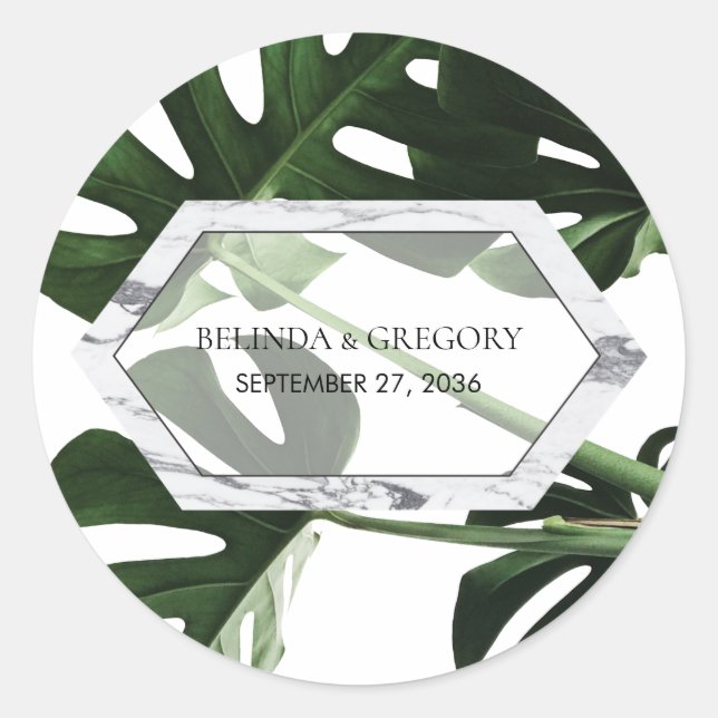 Tropical Monstera Marble Wedding Classic Round Sticker (Front)