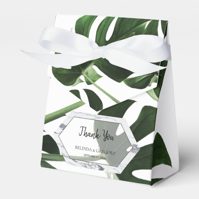 Tropical Monstera Marble Wedding Favor Boxes (Front Side)