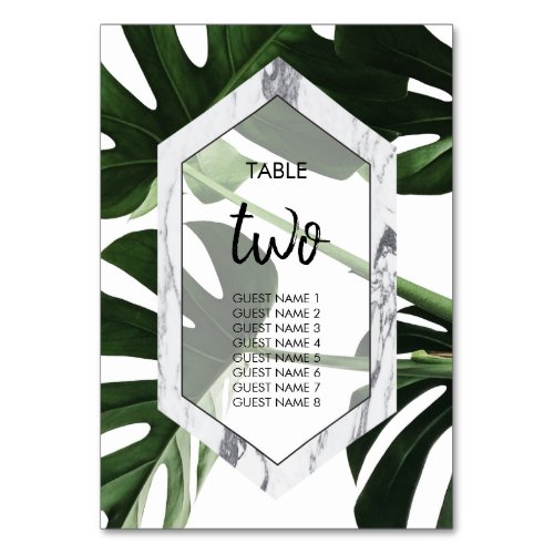 Tropical Monstera Marble Wedding Guest Names Table Number