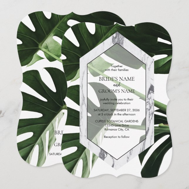 Tropical Monstera Marble Wedding Invitations (Front/Back)