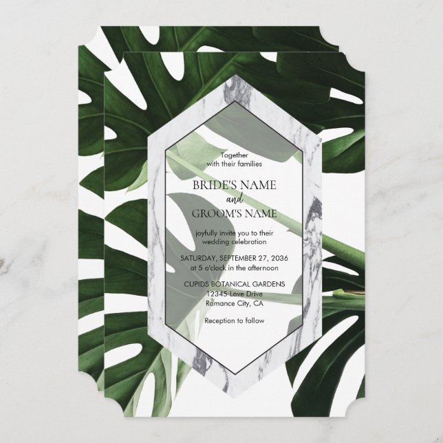 Tropical Monstera Marble Wedding Invitations (Front/Back)