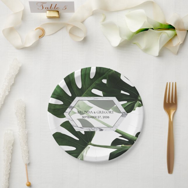 Tropical Monstera Marble Wedding  Paper Plates (Wedding)