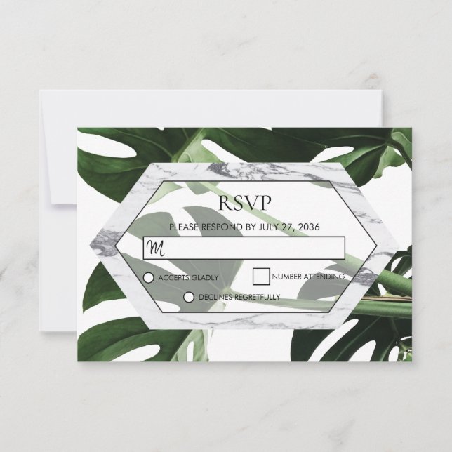 Tropical Monstera Marble Wedding RSVP Cards (Front)