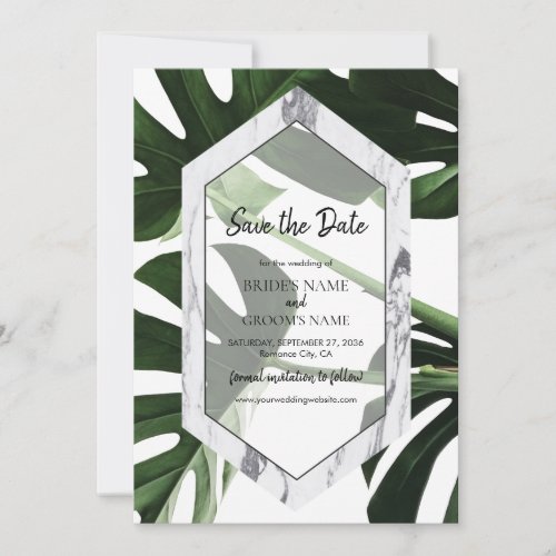 Tropical Monstera Marble Wedding Save The Date