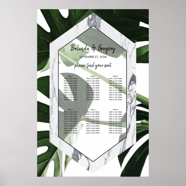 Tropical Monstera Marble Wedding Seating Chart (Front)