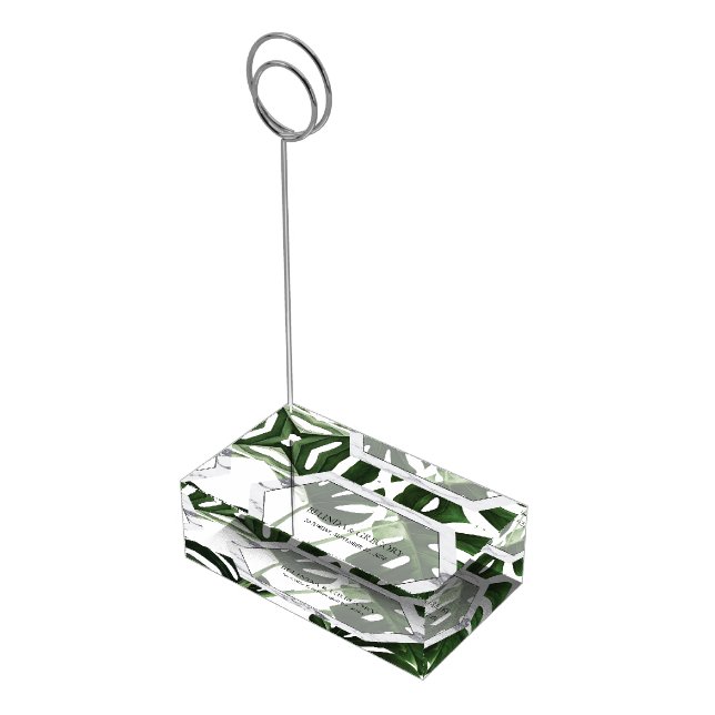Tropical Monstera Marble Wedding Table Number Place Card Holder (Corner)