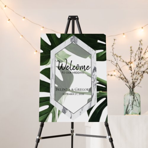 Tropical Monstera Marble Wedding Welcome Sign