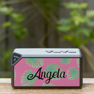 Tropical Monstera Modern Beach Name Pink Bluetooth Speaker