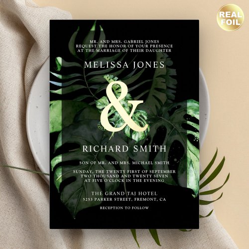 Tropical Monstera Palm Black Wedding Gold Foil Invitation