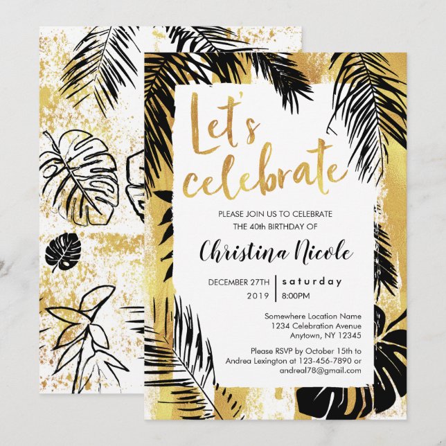 Tropical Monstera Palm Gold Black Let's Celebrate Invitation (Front/Back)