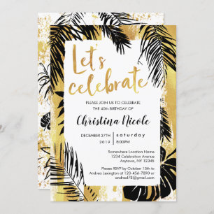 Tropical Monstera Palm Gold Black Let's Celebrate Invitation