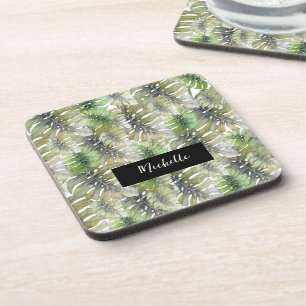 Tropical Monstera Palm Green Beverage Coaster