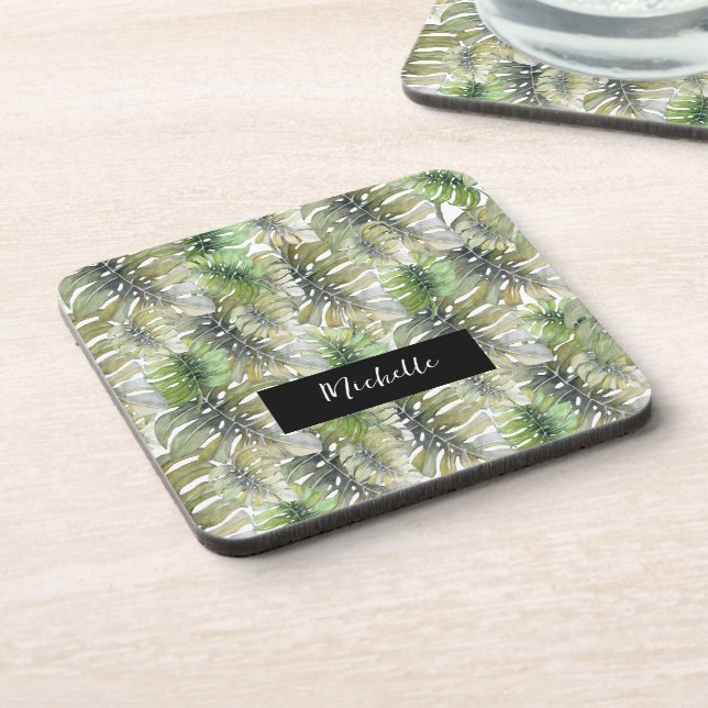 Tropical Monstera Palm Green Beverage Coaster (Left Side)