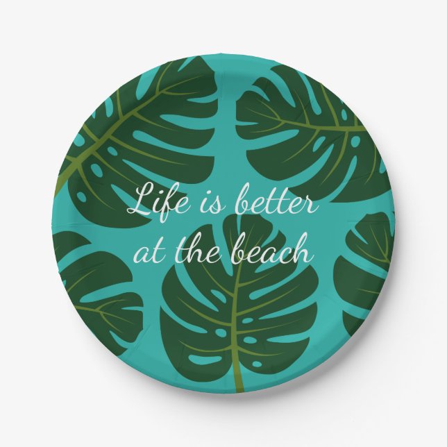 Tropical Monstera palm leaf floral paper plates (Front)