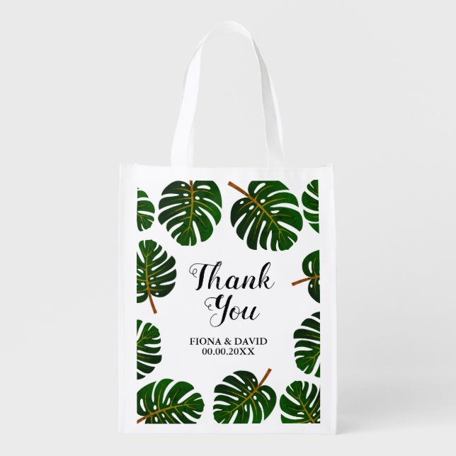 Tropical Monstera palm leaf reusable wedding tote (Front)