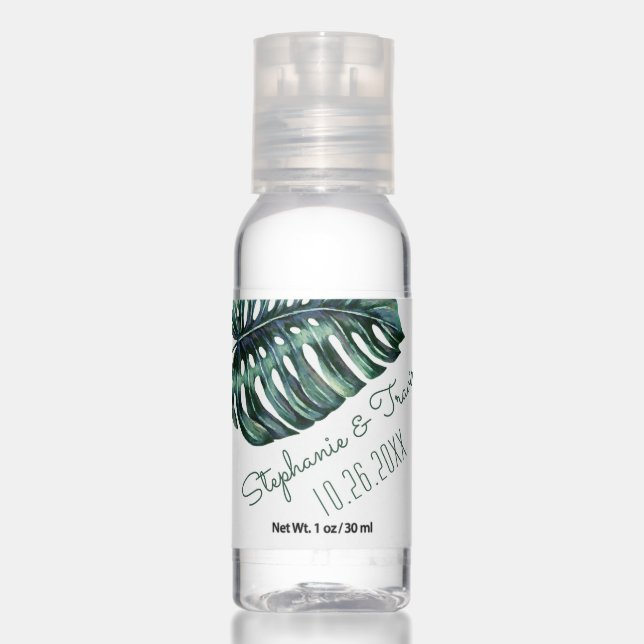 Tropical Monstera Palm Leaf Wedding Favor Hand Sanitizer (Front)