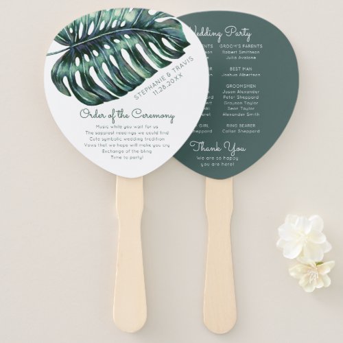 Tropical Monstera Palm Leaf Wedding Program Hand Fan