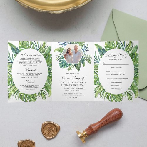 Tropical Monstera Palm Leaves All in One Wedding Tri_Fold Invitation