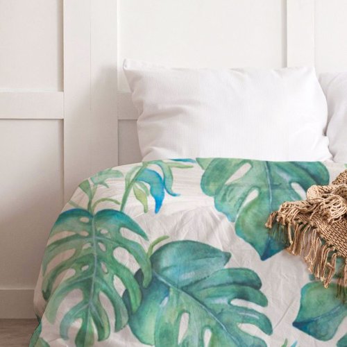 Tropical Monstera Palm Leaves and Stripes Duvet Cover