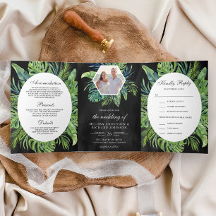 Tropical Monstera Palm Leaves Black Wedding Tri-Fold Invitation