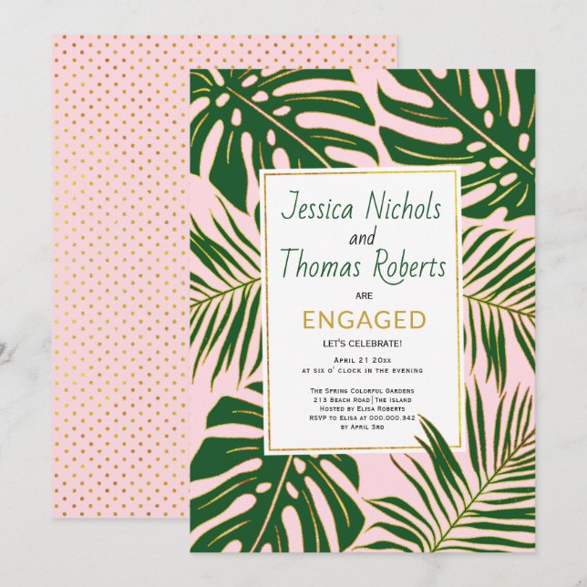 Tropical monstera palm leaves engagement party invitation (Front/Back)