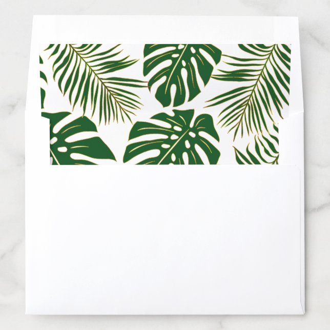 Tropical monstera, palm leaves green gold wedding envelope liner (In Envelope)