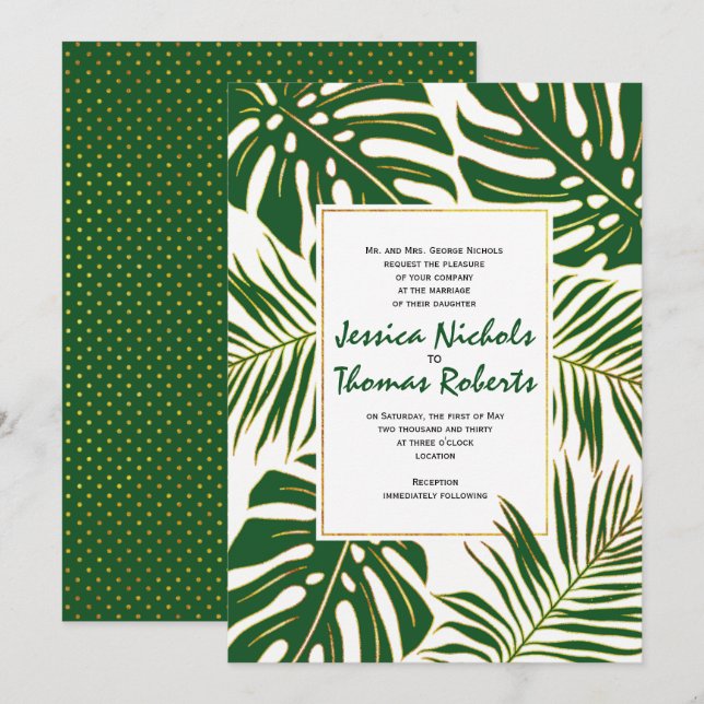 Tropical monstera, palm leaves green gold wedding invitation (Front/Back)