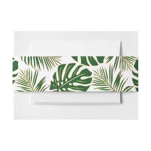 Tropical monstera palm leaves green gold wedding invitation belly band
