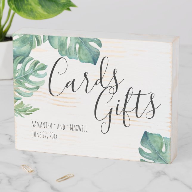 Tropical Monstera Palm Leaves Greenery Wooden Box Sign (In Situ Horizontal)