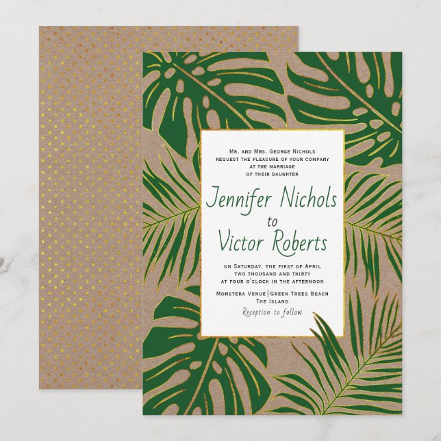 Tropical monstera, palm leaves kraft paper wedding invitation (Front/Back)